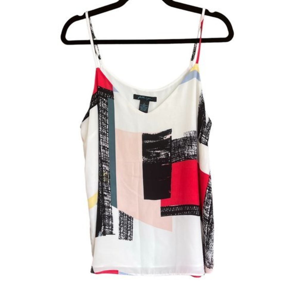 Women's Faith + Zoe Print Color‎ Block on White Tank Top L